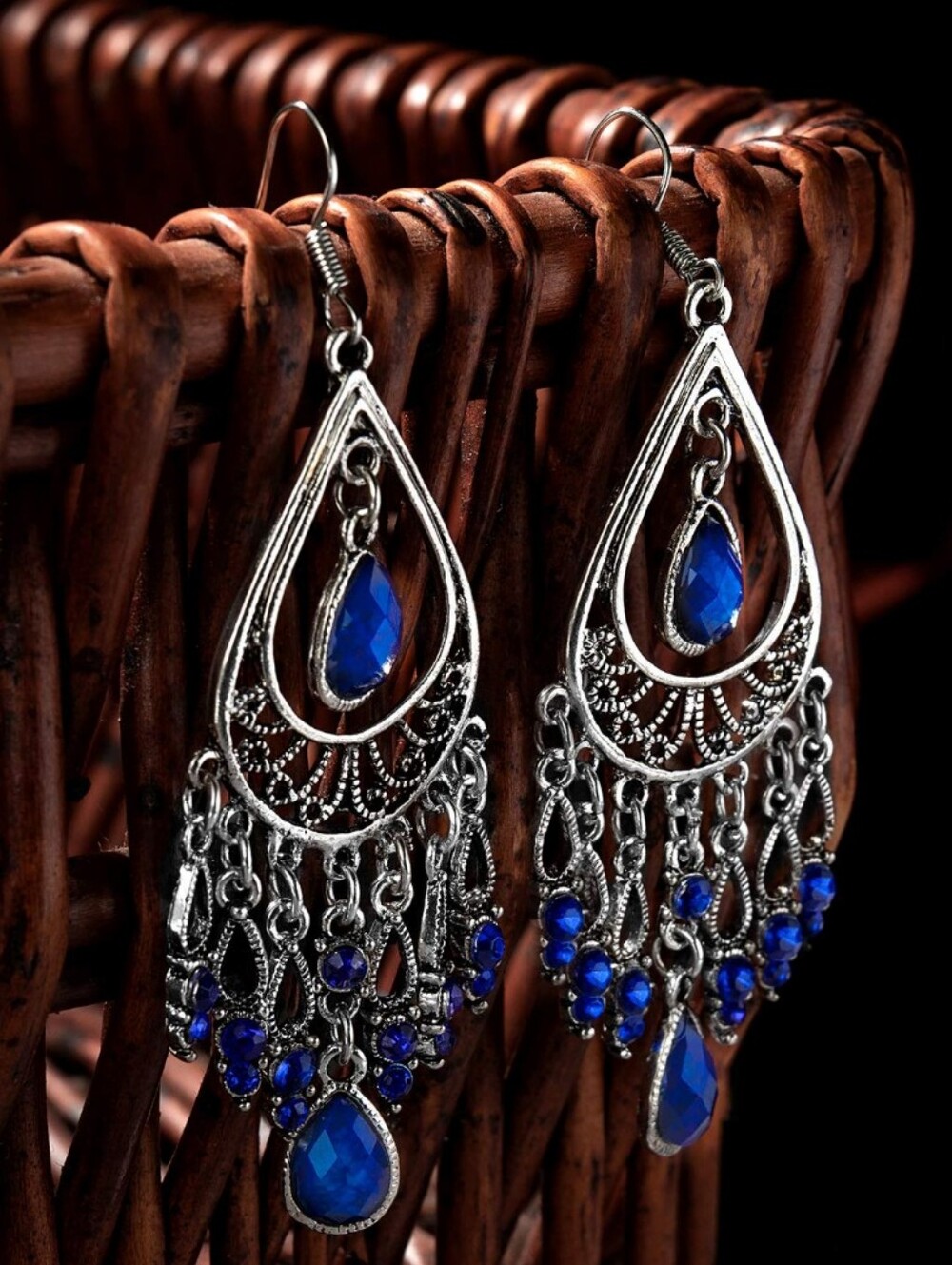 Silver-Tone Chandelier Earrings with Deep Blue Faceted Stones